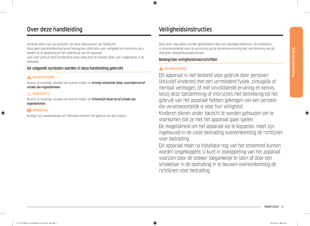 Samsung NV73J9770RS/EF Over deze handleiding, Veiligheidsinstructies, Belangrijke veiligheidsvoorschriften, Nederlands  